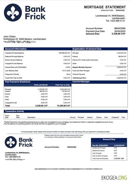 Modèle Word et PDF de relevé hypothécaire de la Banque Liechtenstein Frick & Co